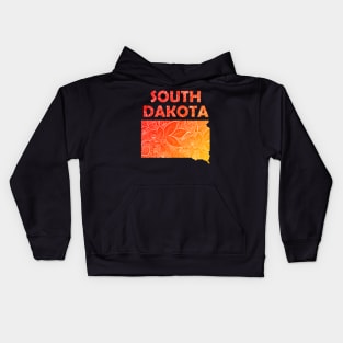 Colorful mandala art map of South Dakota with text in red and orange Kids Hoodie